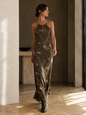 BETSY & ADAM VINTAGE ANIMAL PRINT HALTER LONG FORMAL DRESS - XS